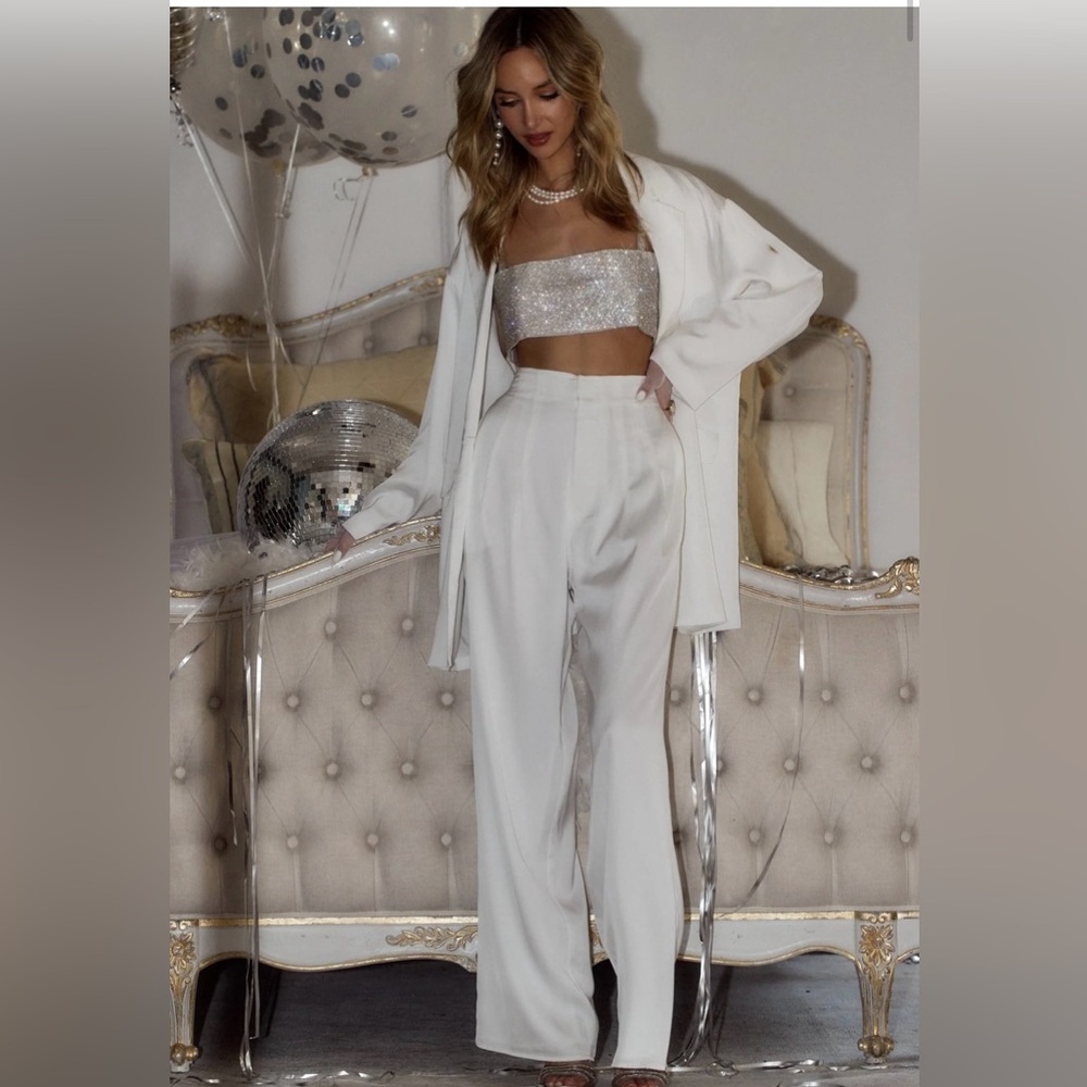 12th Tribe White satin blazer and pleated pantsuit set